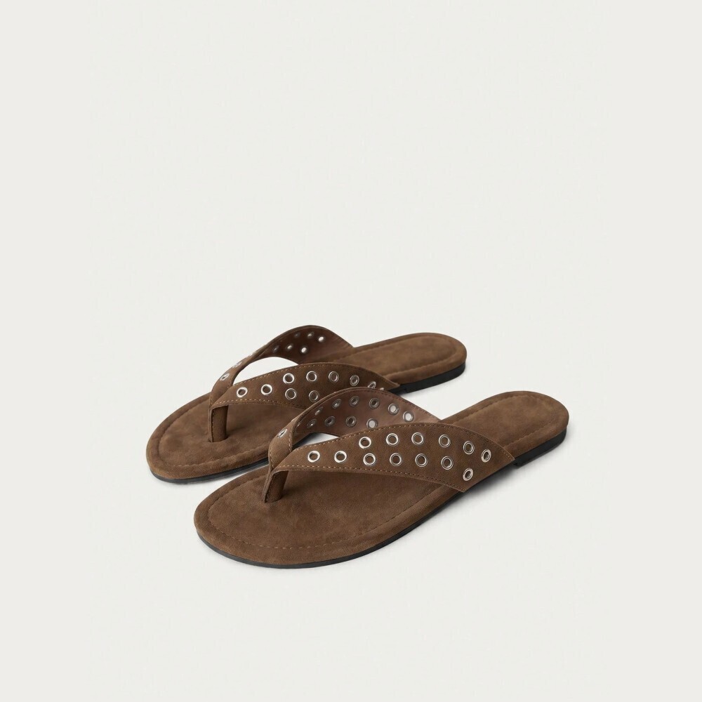 Brown Toe Post Slide Sandals Silver Eyelet Detail Flat Thong Sandals